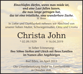 Traueranzeige von Christa John von Mitteldeutsche Zeitung