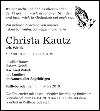 Traueranzeige von Christa Kautz von Mitteldeutsche Zeitung Sangerhausen