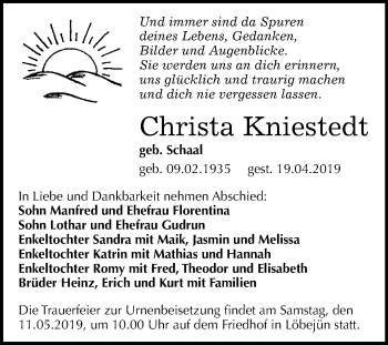 Traueranzeige von Christa Kniestedt von Mitteldeutsche Zeitung