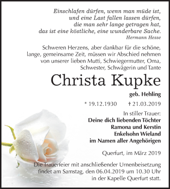 Traueranzeige von Christa Kupke von Mitteldeutsche Zeitung Merseburg/Querfurt