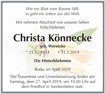 Traueranzeige von Christa Könnecke von Wochenspiegel Mansfelder Land