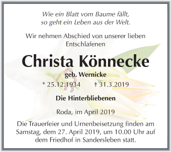Traueranzeige von Christa Könnecke von Mitteldeutsche Zeitung Mansfelder Land