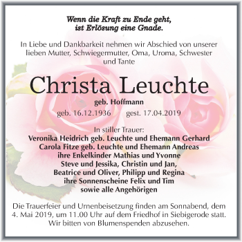Traueranzeige von Christa Leuchte von Mitteldeutsche Zeitung Mansfelder Land