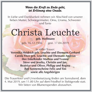 Traueranzeige von Christa Leuchte von Super Sonntag SGH Mansf. Land