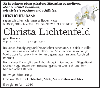 Traueranzeige von Christa Lichtenfeld von Mitteldeutsche Zeitung Köthen