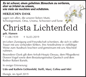 Traueranzeige von Christa Lichtenfeld von WVG - Wochenspiegel Dessau / Köthen