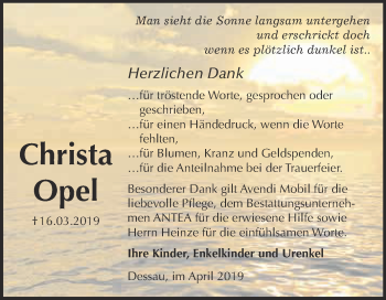 Traueranzeige von Christa Opel von WVG - Wochenspiegel Dessau / Köthen