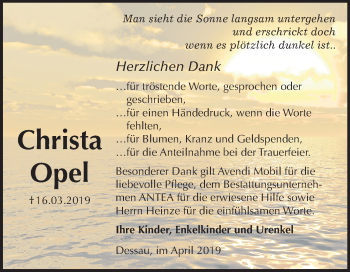 Traueranzeige von Christa Opel von Mitteldeutsche Zeitung Dessau-Roßlau