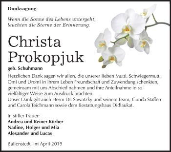 Traueranzeige von Christa Prokopjuk von Mitteldeutsche Zeitung Quedlinburg
