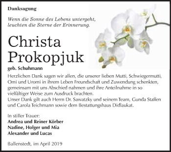 Traueranzeige von Christa Prokopjuk von WVG - Wochenspiegel Quedlinburg