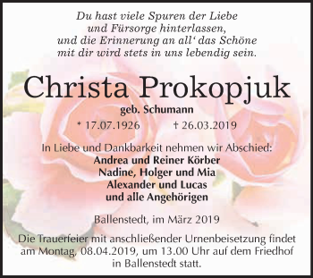 Traueranzeige von Christa Prokopjuk von WVG - Wochenspiegel Quedlinburg