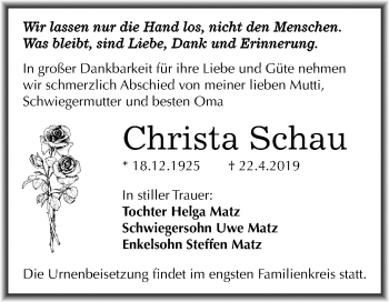 Traueranzeige von Christa Schau von Mitteldeutsche Zeitung