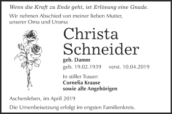 Traueranzeige von Christa Schneider von Super Sonntag Aschersleben