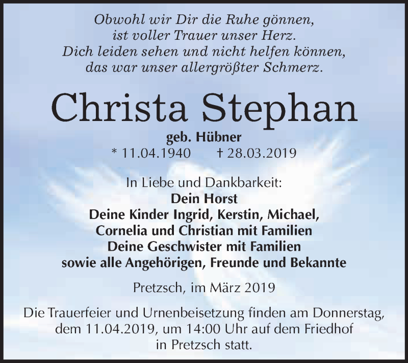  Traueranzeige für Christa Stephan vom 06.04.2019 aus WVG - Wochenspiegel Wittenberg