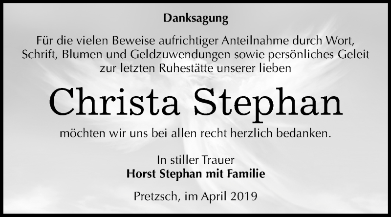  Traueranzeige für Christa Stephan vom 20.04.2019 aus Mitteldeutsche Zeitung Wittenberg