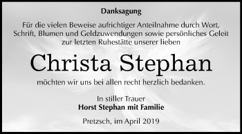 Traueranzeige von Christa Stephan von Mitteldeutsche Zeitung Wittenberg