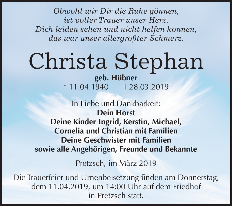  Traueranzeige für Christa Stephan vom 06.04.2019 aus Mitteldeutsche Zeitung Wittenberg