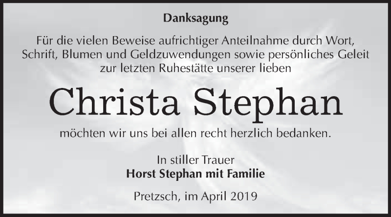  Traueranzeige für Christa Stephan vom 20.04.2019 aus WVG - Wochenspiegel Wittenberg