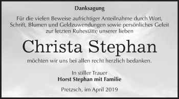Traueranzeige von Christa Stephan von WVG - Wochenspiegel Wittenberg