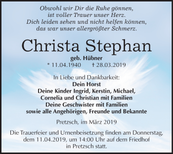 Traueranzeige von Christa Stephan von Mitteldeutsche Zeitung Wittenberg
