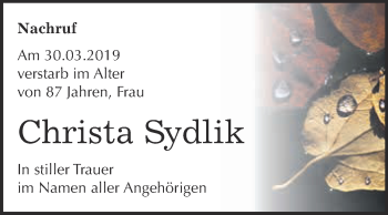 Traueranzeige von Christa Sydlik von WVG - Wochenspiegel Wittenberg