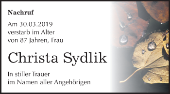 Traueranzeige von Christa Sydlik von Mitteldeutsche Zeitung