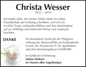Traueranzeige von Christa Wesser von WVG - Wochenspiegel NMB / WSF / ZTZ