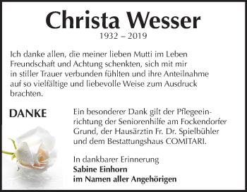 Traueranzeige von Christa Wesser von Mitteldeutsche Zeitung