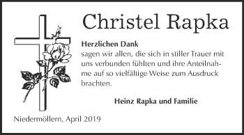 Traueranzeige von Christel Rapka von WVG - Wochenspiegel NMB / WSF / ZTZ
