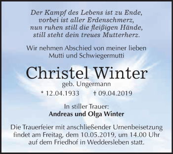 Traueranzeige von Christel Winter von WVG - Wochenspiegel Quedlinburg