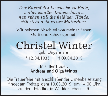 Traueranzeige von Christel Winter von Mitteldeutsche Zeitung Quedlinburg