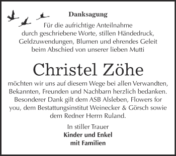 Traueranzeige von Christel Zöhe von Super Sonntag Bernburg