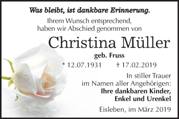 Traueranzeige von Christina Müller von Mitteldeutsche Zeitung Mansfelder Land