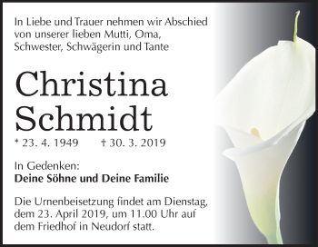 Traueranzeige von Christina Schmidt von Mitteldeutsche Zeitung Quedlinburg