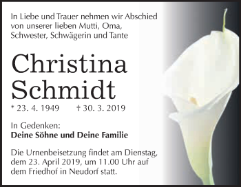 Traueranzeige von Christina Schmidt von WVG - Wochenspiegel Quedlinburg
