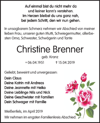 Traueranzeige von Christine Brenner von Mitteldeutsche Zeitung Weißenfels