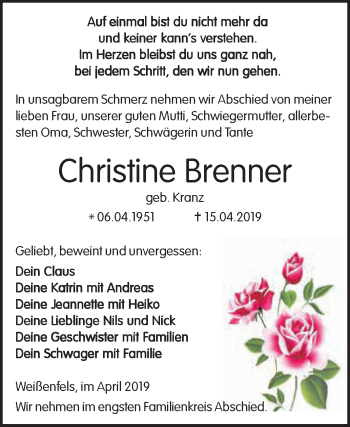 Traueranzeige von Christine Brenner von WVG - Wochenspiegel NMB / WSF / ZTZ