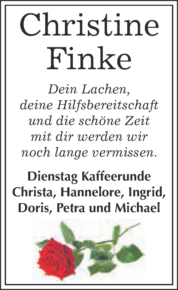 Traueranzeigen von Christine Finke www.abschiednehmen.de