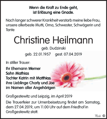 Traueranzeige von Christine Heilmann von WVG - Wochenspiegel NMB / WSF / ZTZ