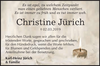 Traueranzeige von Christine Jürich von WVG - Wochenspiegel Dessau / Köthen