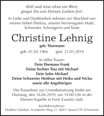 Traueranzeige von Christine Lehnig von Super Sonntag Wittenberg