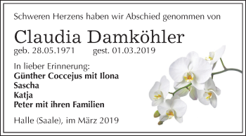Traueranzeige von Claudia Damköhler von Mitteldeutsche Zeitung Halle/Saalkreis