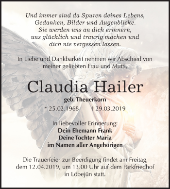 Traueranzeige von Claudia Hailer von Mitteldeutsche Zeitung Halle/Saalkreis