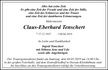 Traueranzeige von Claus-Eberhard Tenschert von WVG - Wochenspiegel Dessau / Köthen