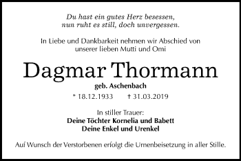 Traueranzeige von Dagmar Thormann von Mitteldeutsche Zeitung