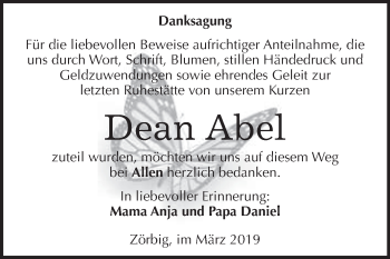 Traueranzeige von Dean Abel von WVG - Wochenspiegel Bitterfeld