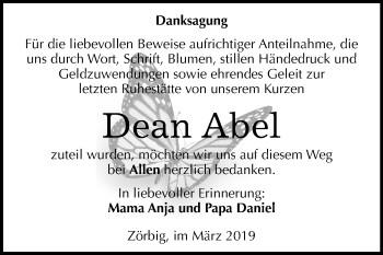 Traueranzeige von Dean Abel von Mitteldeutsche Zeitung Bitterfeld