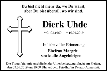 Traueranzeige von Dierk Uhde von Mitteldeutsche Zeitung Dessau-Roßlau