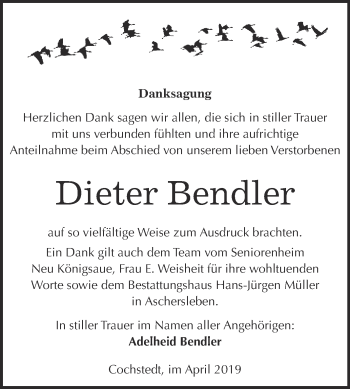 Traueranzeige von Dieter Bendler von Super Sonntag Aschersleben