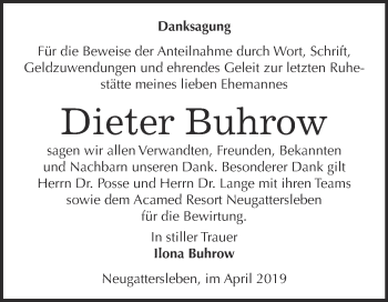 Traueranzeige von Dieter Buhrow von Super Sonntag Bernburg